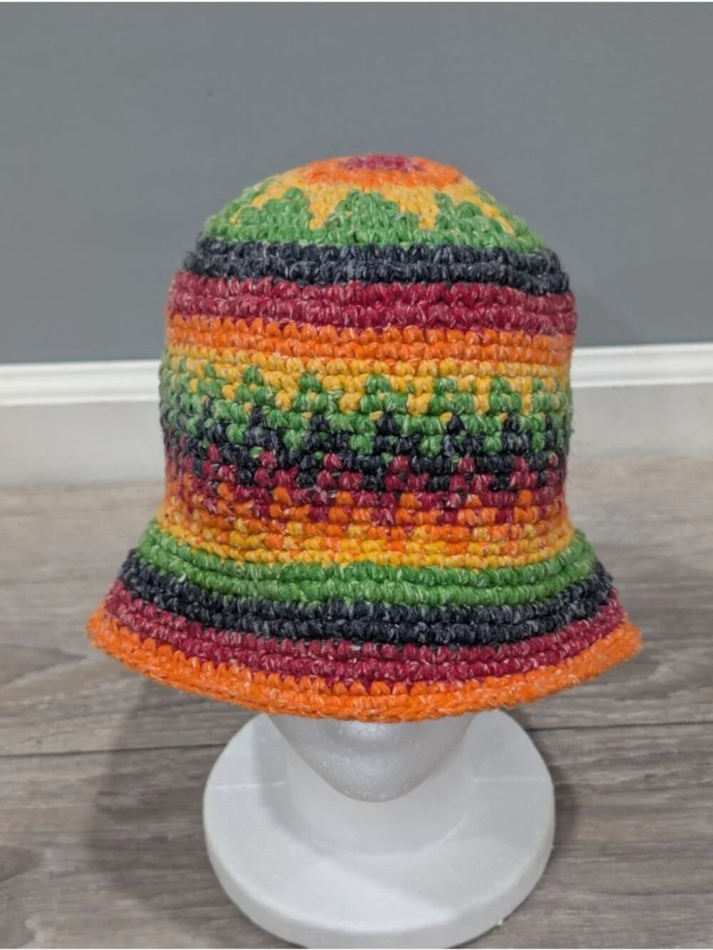 Casa De La Lana Bucket Hat Rainbow Handknit 100% Wool Boho Festival Stripe Sun